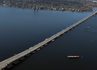 This aerial of the bridge, taken in May 2017, shows the SR 520 corridor from the new SR 520 bridge to construction of the SR 520 West Approach Bridge North project which is expected to open to drivers in late summer 2017. 