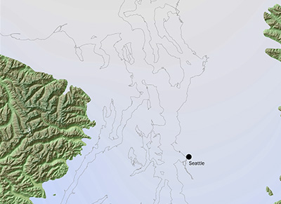 Glacial coverage of the Puget Sound region. This map shows the glaciers about 16,900 years ago, when they had reached their southernmost limit. Adapted from Thurson, 1989; topography from USGS.
